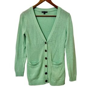 Gap Women Mint Green V Neck Button Front Cardigan Sweater XS Cotton Long Sleeve